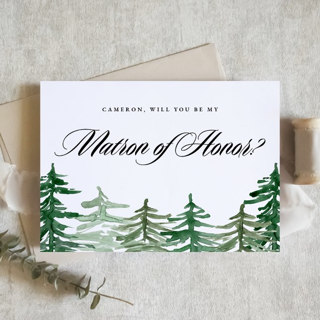 Woodland acuarela será mi atrón de honor ( Customizable Woodland "Will You Be My Matron of Honor?" Card featuring watercolor forest.)