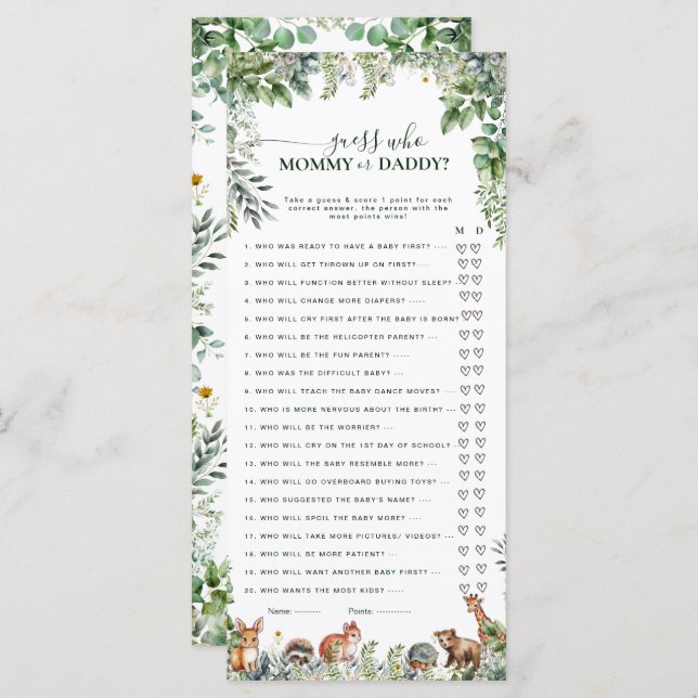 Woodland Adivinan a Mommy o Papi en Baby Shower (Anverso / Reverso)