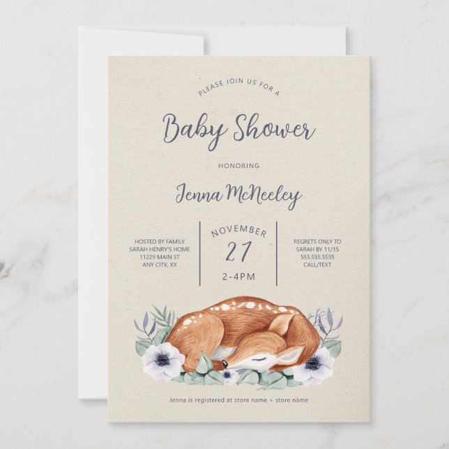 Woodland Animals Baby Shower, invitación al venado (Anverso)