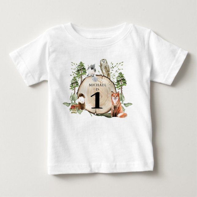 Woodland Animals Boy primera camiseta de cumpleaño (Anverso)