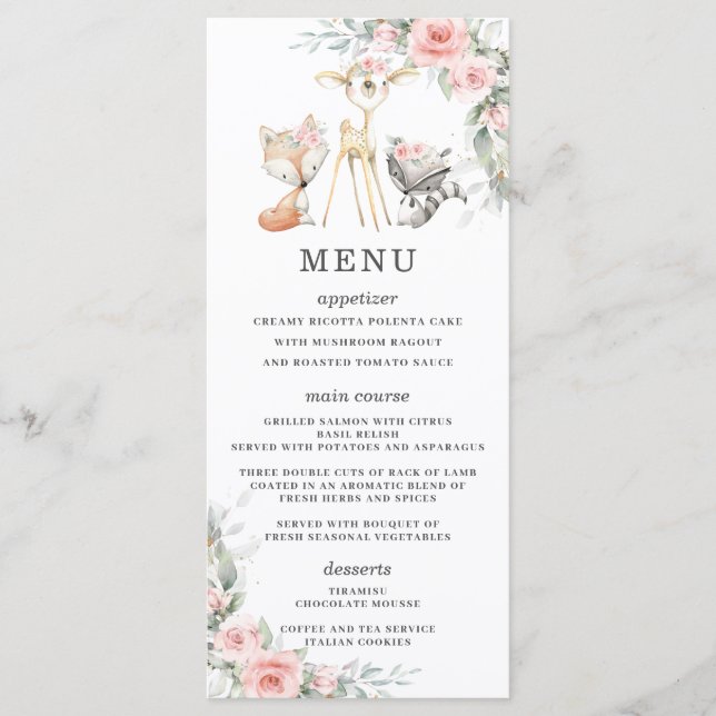 Woodland Animals Rubor Floral Greenery Shower Menu (Anverso)