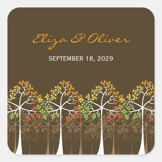 Woodland Autumn Trees Rustic Fall Wedding Pegatina (Anverso)