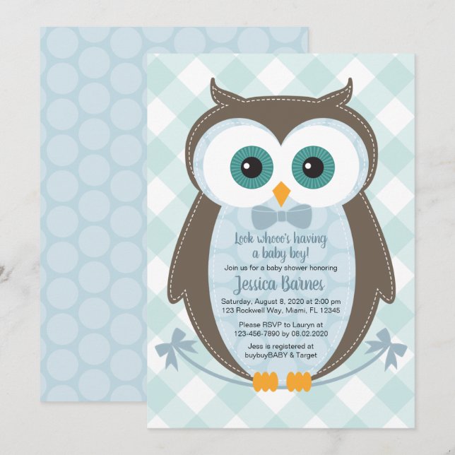 Woodland baby ducha invitación búho marrón azul (Anverso / Reverso)