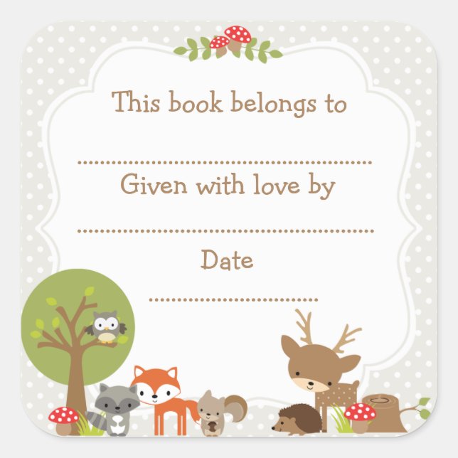 Woodland Baby Shower Bookplate pegatina gris (Anverso)