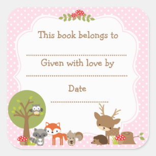 Woodland Baby Shower Bookplate pegatina rosa