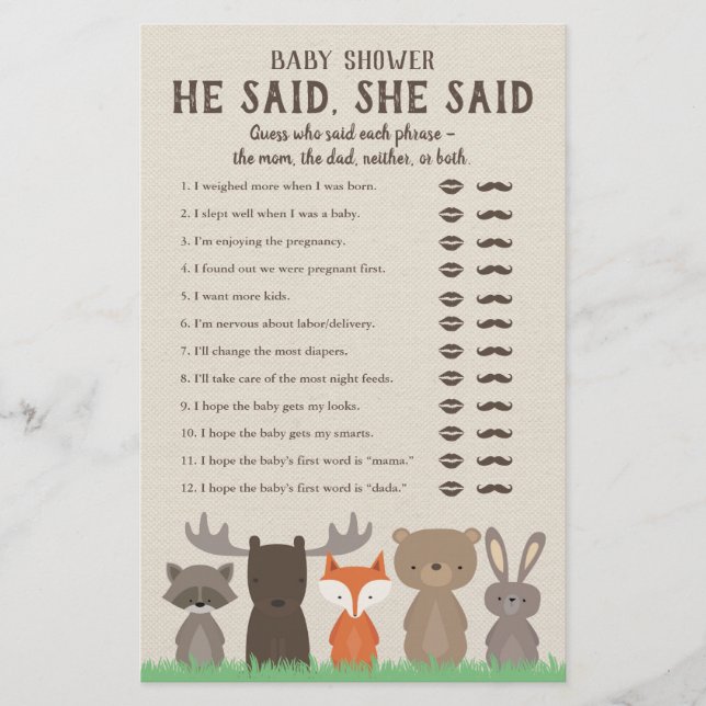 Woodland Baby Shower Dijo Que Dijo Cartas De Juego (Frente)