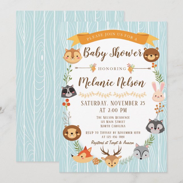 Woodland Baby Shower Invitación a animal de ciervo (Anverso / Reverso)