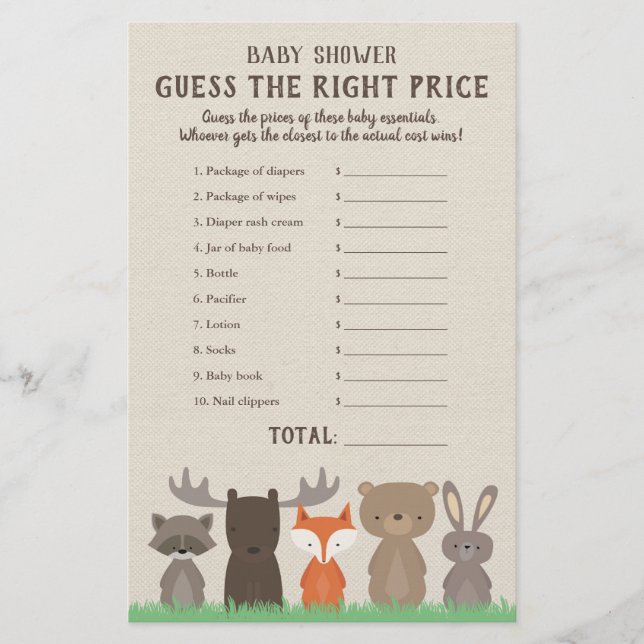Woodland Baby Shower Price es la tarjeta de juego  (Anverso)