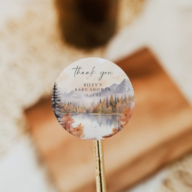 Woodland Baby Shower Round Pegatina Mountains Boy (Subido por el creador)