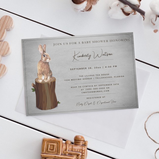 Woodland Bunny Baby Shower | Invitación gris (Gray Woodland Bunny Baby Shower Invitation)