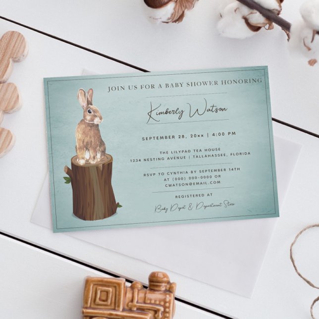 Woodland Bunny Baby Shower | Invitación Verde azul (Teal Woodland Bunny Baby Shower Invitation)