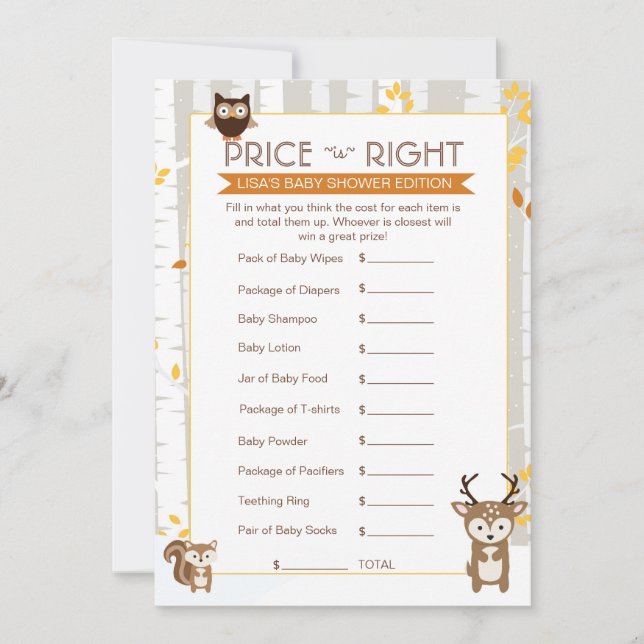 Woodland Fall / Winter Baby Shower Price Game (Anverso)