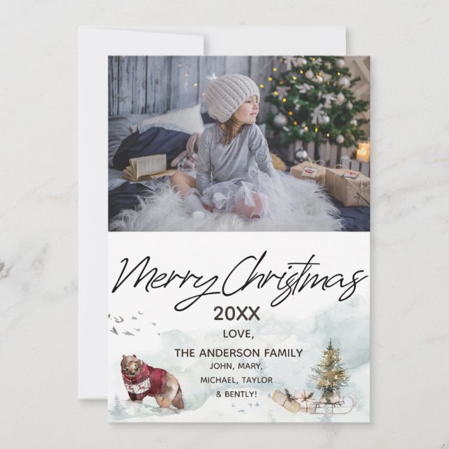 Woodland Forest Sled Bear Foto Feliz Navidad (Anverso)