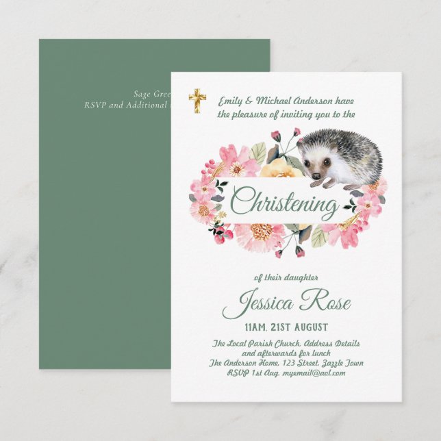 Woodland Hedgehog Christening Invita al Bautismo (Anverso / Reverso)