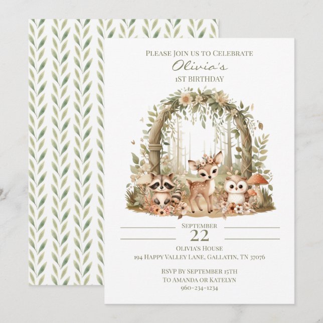 Woodland - Invitación de primer cumpleaños (Anverso / Reverso)