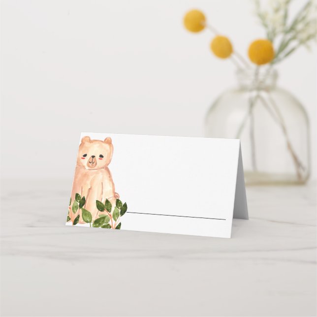 Woodland lindo bebé oso tarjeta de lugar floral (Anverso)