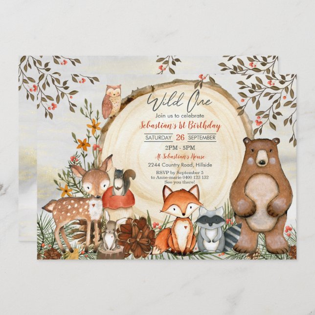Woodland Primer cumpleaños Invitación niño salvaje (Anverso / Reverso)