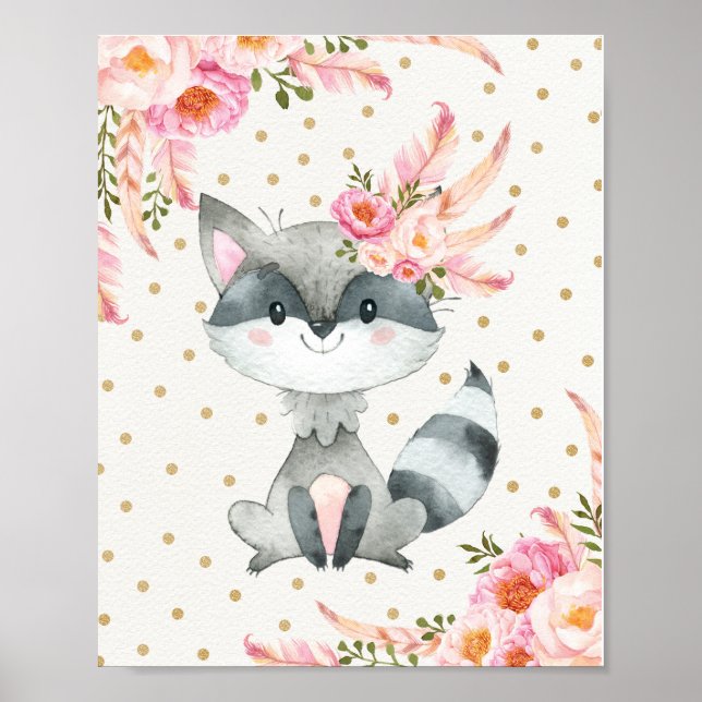 Woodland Raccoon Nursery Art Boho Decoración Flora (Frente)