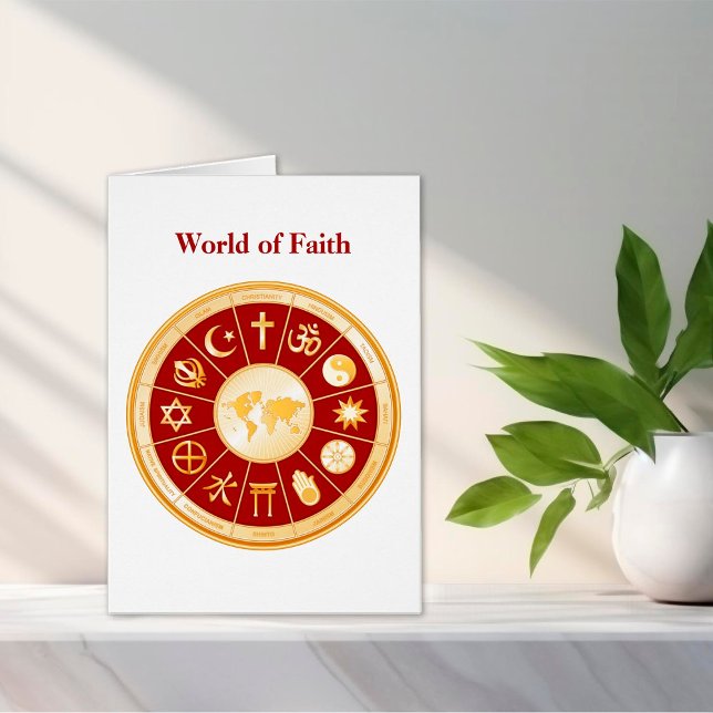 World of Faith Greeting Card 5" x 7" (World of Faith Greeting Card. Gold symbols of international religions surround a world map. )