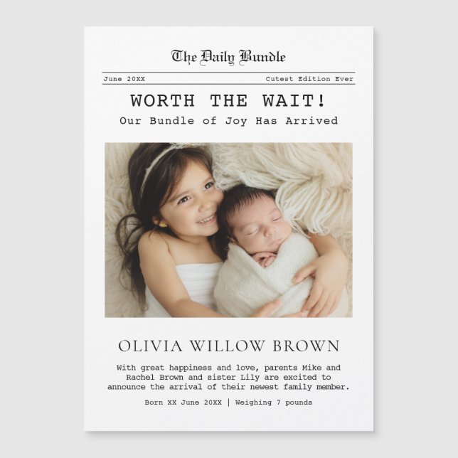 Worth the Wait, Newspaper Newborn Magnetic Card (Anverso)