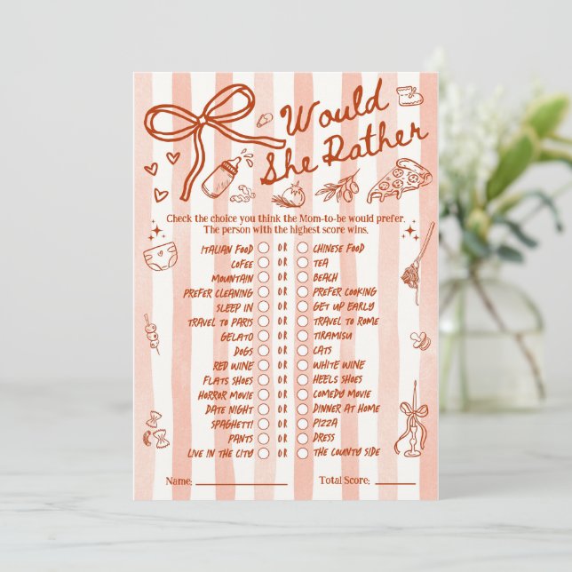 Would She Rather Baby Shower Game in Red (Anverso de pie)