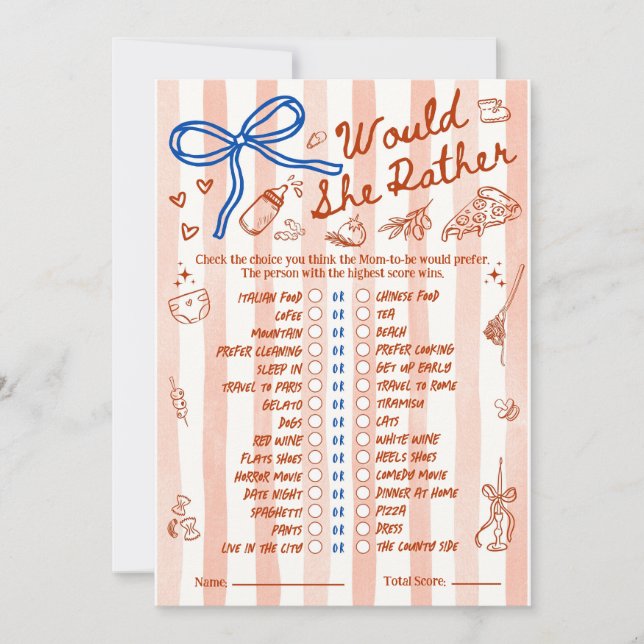 Would She Rather Baby Shower Game in Red Blue (Anverso)