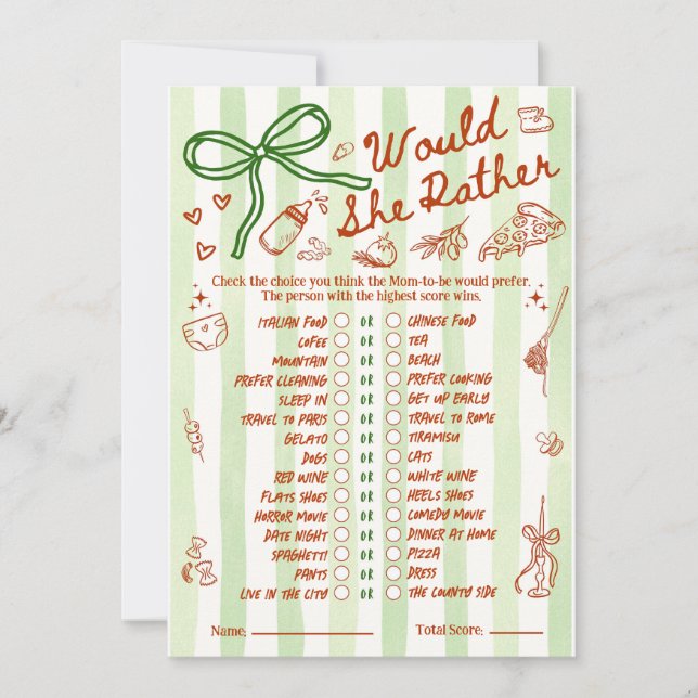 Would She Rather Baby Shower Game in Red Green (Anverso)