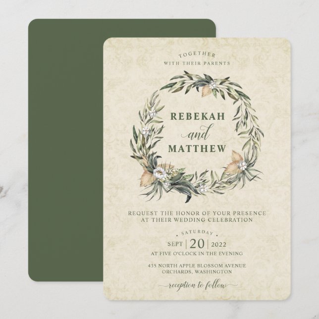 Wreath botánica blanca | Invitación a la boda (Anverso / Reverso)