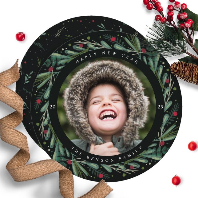 Wreath de Año Nuevo festivo deja tarjeta redonda B (Subido por el creador)