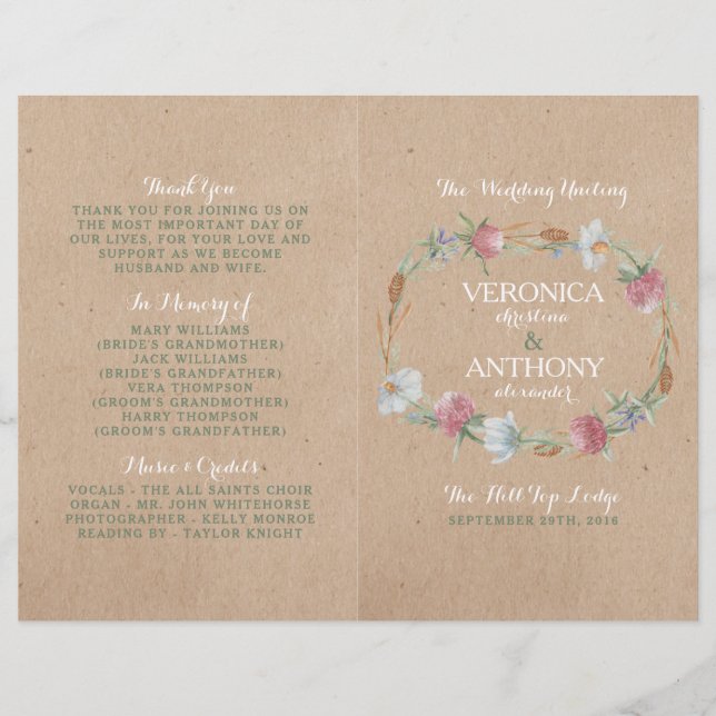 Wreath De Flor Silvestre En El Programa De Boda De (Anverso)