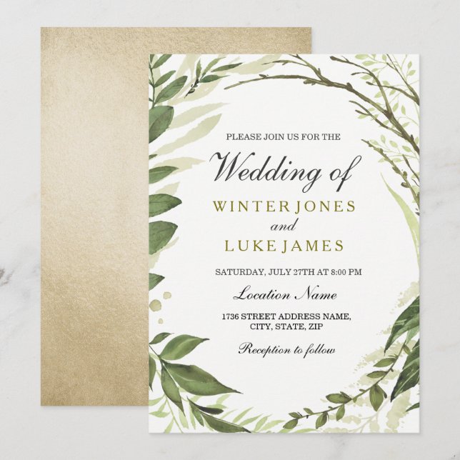 Wreath de hojas verdes de la invitación a la boda  (Anverso / Reverso)