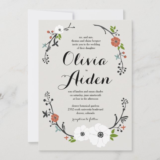 Wreath de rama floral blanca | Invitación a la bod (Anverso)