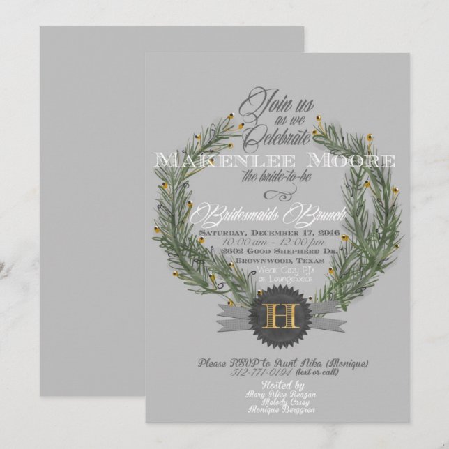 Wreath evergreen con invitación a monograma (Anverso / Reverso)