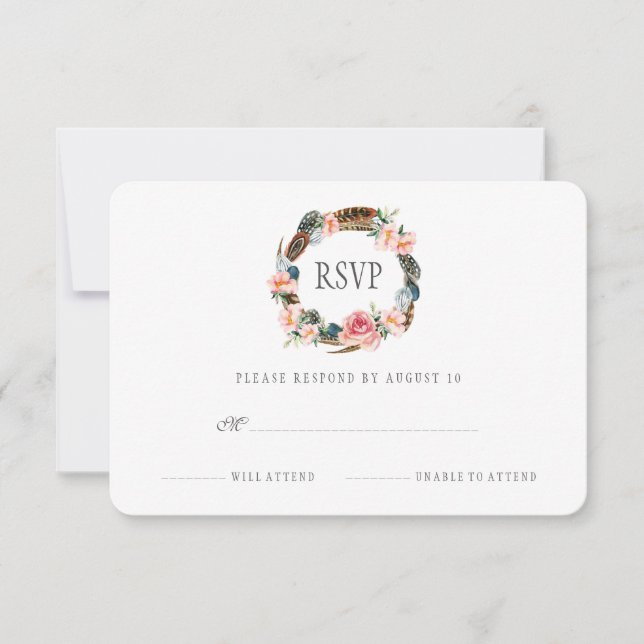 Wreath floral acuarela con plumas | RSVP (Anverso)