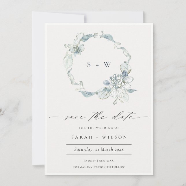 Wreath floral azul Dusky suave Guardar la tarjeta  (Anverso)