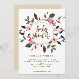 wreath floral púrpura rosa baby ducha invitación