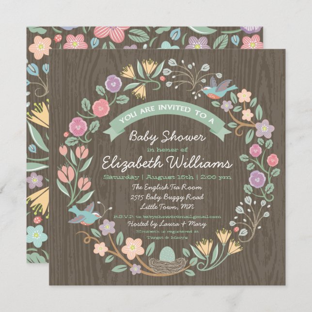 Wreath Floral Woodland Baby Shower Invitación II (Anverso / Reverso)