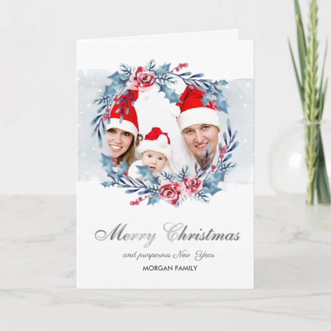 Wreath Holly Berry Flowers Foto Feliz Navidad (Anverso)