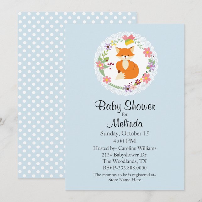 Wreath with Fox Blue Baby Shower Invitación (Anverso / Reverso)