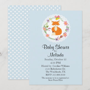 Wreath with Fox Blue Baby Shower Invitación