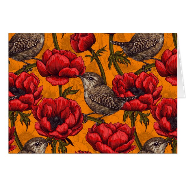 Wrens en un jardín anemónico rojo (Anverso (Horizontal))