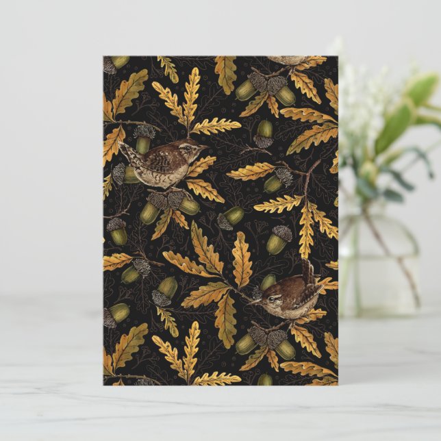 Wrens y bellotas sobre negro (Anverso de pie)