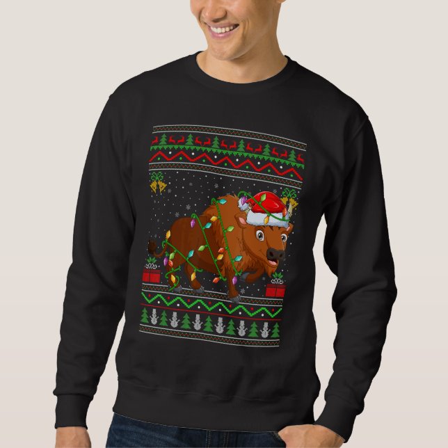 Xmas Lights Ugly Sweater Style Santa Bison Christm (Anverso)