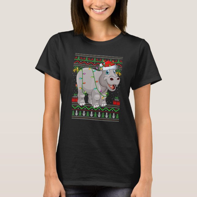 Xmas Lights Ugly Sweater Style Santa Hippopotamus  (Anverso)