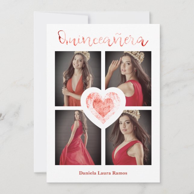 XV Años Español Foto Moderna Corazón Rojo Textura (Anverso)