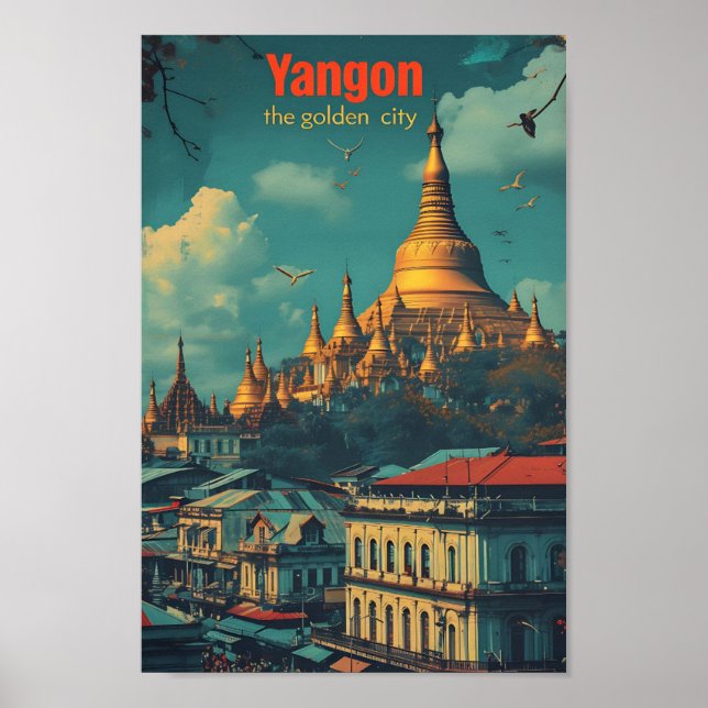 Yangon Myanmar Ilustracion de viajes de arte vinta (Frente)