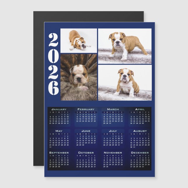 Year 2026 Calendar Dog Pet 4 Photo Collage Magnet (Anverso/Reverso)