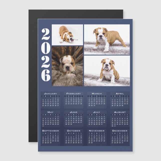 Year 2026 Calendar Dog Pet 4 Photo Collage Magnet (Anverso/Reverso)