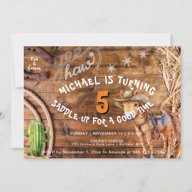 Yee Haw Cowboy Rodeo Saddle Up Birday Invitación (Anverso)