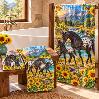 Yegua y potro Appaloosa negra con girasoles